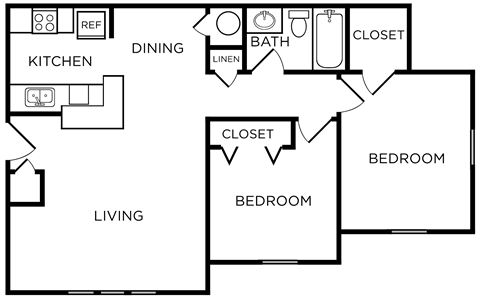 Floor plan for 2 beds, 1 bath, 780 sqft